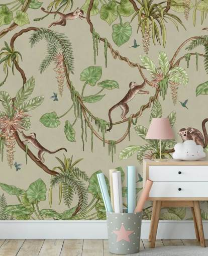 mural de parede de berçário personalizável verde chamado Playful Monkeys - Green de Kikki Belle