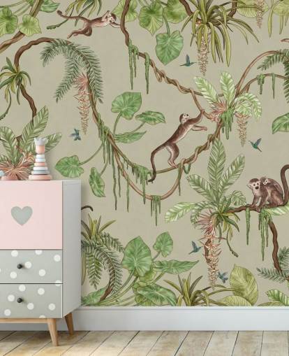 mural de pared verde personalizable para guardería llamado Playful Monkeys - Green de Kikki Belle