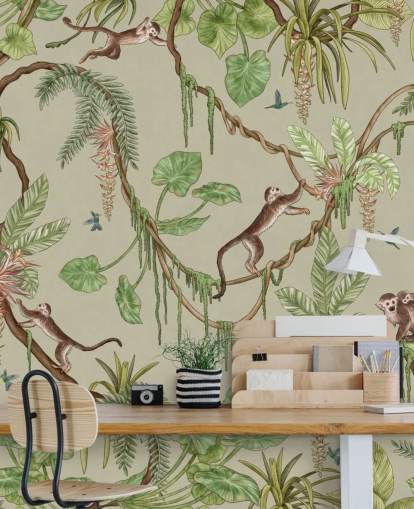 mural de pared verde personalizable para guardería llamado Playful Monkeys - Green de Kikki Belle