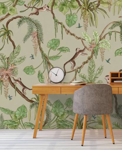 green customizable nursery wall mural called Playful Monkeys - Green by Kikki Belle green customizable nursery wall mural called Playful Monkeys - Green by Kikki Belle