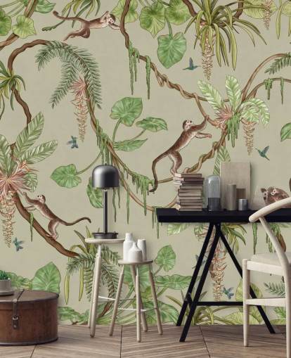 mural de pared verde personalizable para guardería llamado Playful Monkeys - Green de Kikki Belle