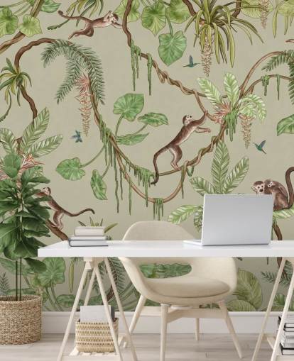 mural de pared verde personalizable para guardería llamado Playful Monkeys - Green de Kikki Belle mural de pared verde personalizable para guardería llamado Playful Monkeys - Green de Kikki Belle