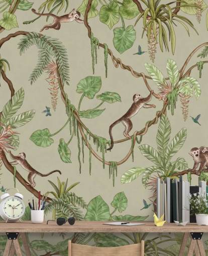 green customizable nursery wall mural called Playful Monkeys - Green by Kikki Belle