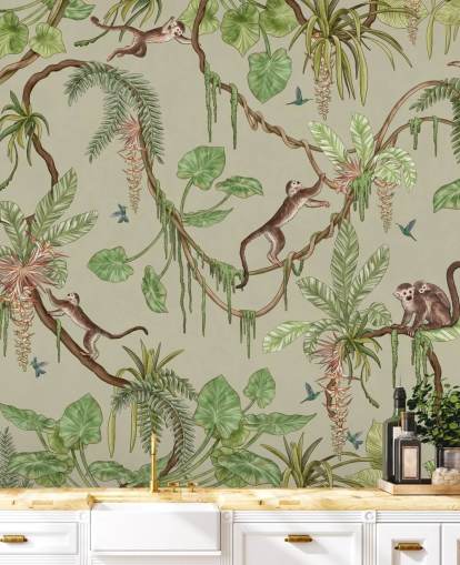 green customizable nursery wall mural called Playful Monkeys - Green by Kikki Belle