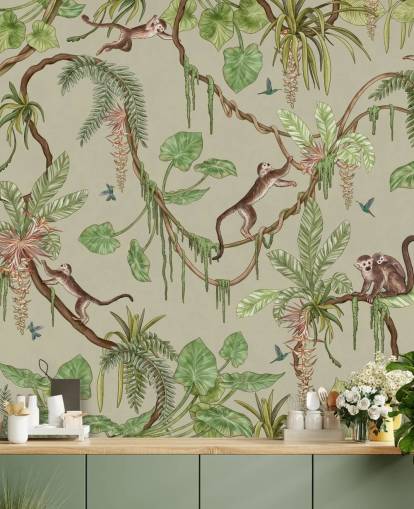 green customizable nursery wall mural called Playful Monkeys - Green by Kikki Belle green customizable nursery wall mural called Playful Monkeys - Green by Kikki Belle