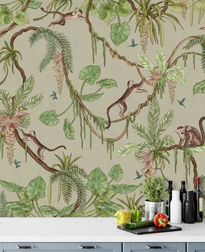 green customizable nursery wall mural called Playful Monkeys - Green by Kikki Belle green customizable nursery wall mural called Playful Monkeys - Green by Kikki Belle