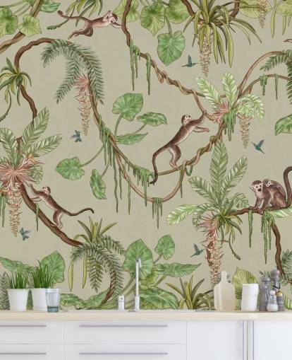 green customizable nursery wall mural called Playful Monkeys - Green by Kikki Belle green customizable nursery wall mural called Playful Monkeys - Green by Kikki Belle