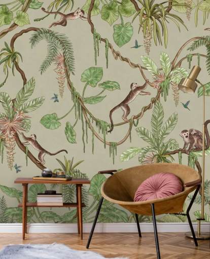 green customizable nursery wall mural called Playful Monkeys - Green by Kikki Belle