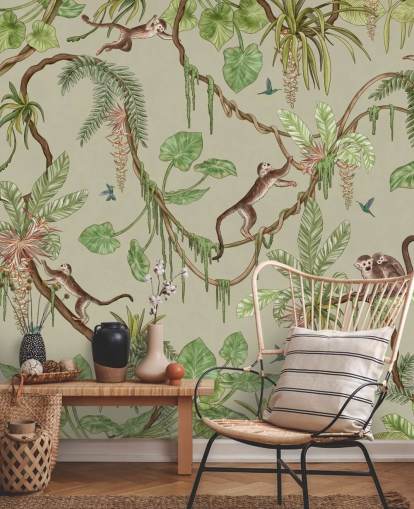 mural de pared verde personalizable para guardería llamado Playful Monkeys - Green de Kikki Belle