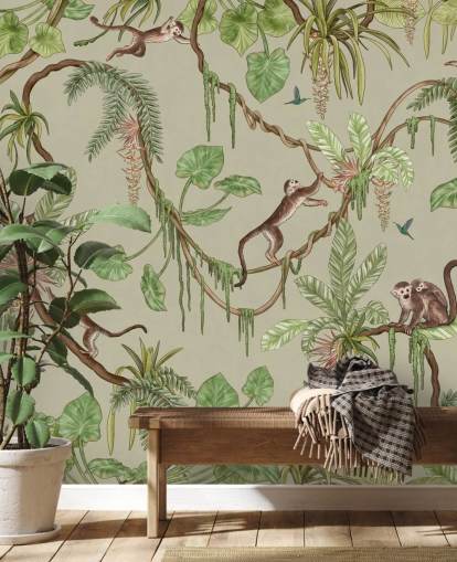 mural de pared verde personalizable para guardería llamado Playful Monkeys - Green de Kikki Belle