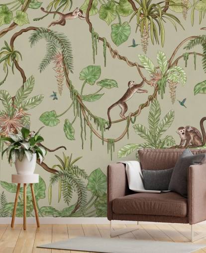 green customizable nursery wall mural called Playful Monkeys - Green by Kikki Belle