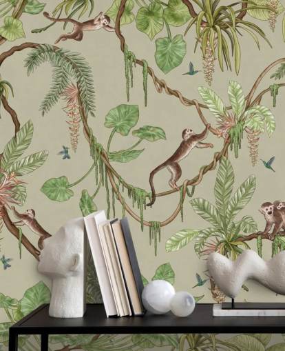 green customizable nursery wall mural called Playful Monkeys - Green by Kikki Belle