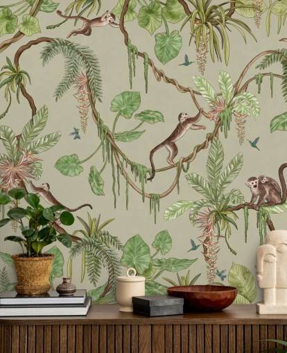 mural de pared verde personalizable para guardería llamado Playful Monkeys - Green de Kikki Belle