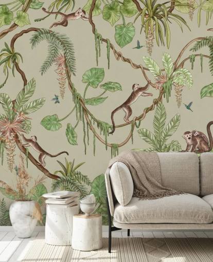 green customizable nursery wall mural called Playful Monkeys - Green by Kikki Belle