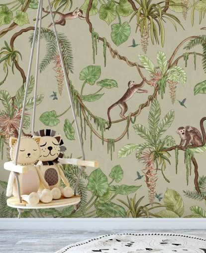 murale da parete verde personalizzabile per la cameretta dei bambini chiamato Playful Monkeys - Green by Kikki Belle