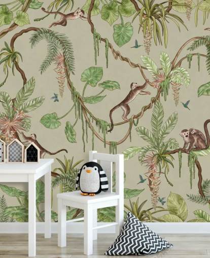 murale da parete verde personalizzabile per la cameretta dei bambini chiamato Playful Monkeys - Green by Kikki Belle