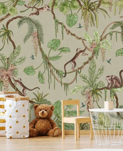 fresque murale verte personnalisable pour chambre d'enfant appelée Playful Monkeys - Green de Kikki Belle fresque murale verte personnalisable pour chambre d'enfant appelée Playful Monkeys - Green de Kikki Belle
