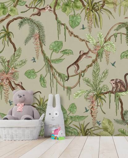 green customizable nursery wall mural called Playful Monkeys - Green by Kikki Belle