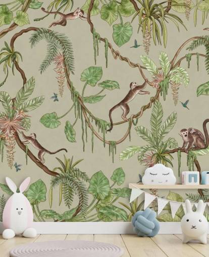 groene aanpasbare muurschildering voor de kinderkamer genaamd Playful Monkeys - Green van Kikki Belle groene aanpasbare muurschildering voor de kinderkamer genaamd Playful Monkeys - Green van Kikki Belle