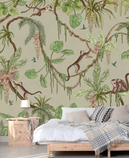 green customizable nursery wall mural called Playful Monkeys - Green by Kikki Belle