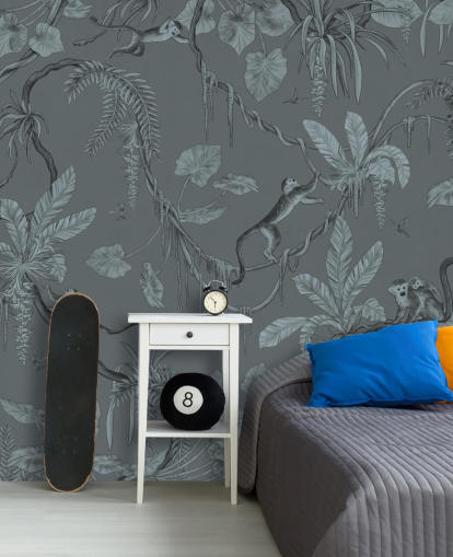 Blaues individuelles Kinderzimmer-Wandbild namens Playful Monkeys - Monochrome Blue von Kikki Belle