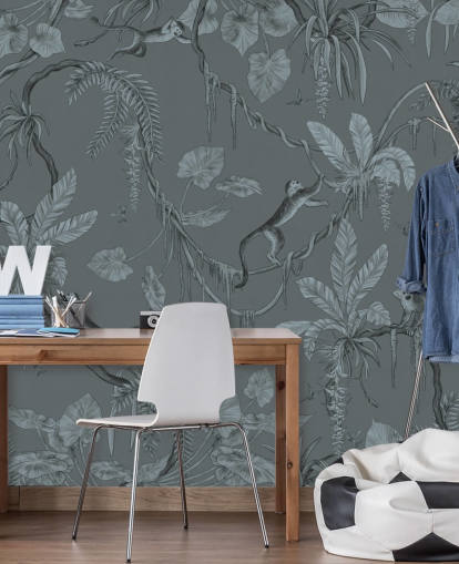 blauwe op maat gemaakte muurschildering voor de kinderkamer genaamd Playful Monkeys - Monochrome Blue van Kikki Belle blauwe op maat gemaakte muurschildering voor de kinderkamer genaamd Playful Monkeys - Monochrome Blue van Kikki Belle