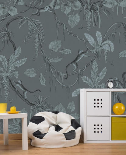 murale blu personalizzato per la cameretta dei bambini chiamato Playful Monkeys - Monochrome Blue by Kikki Belle