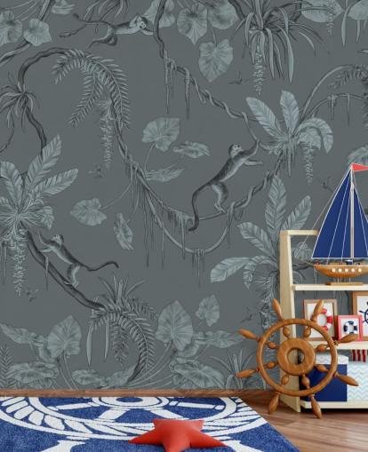 Blaues individuelles Kinderzimmer-Wandbild namens Playful Monkeys - Monochrome Blue von Kikki Belle