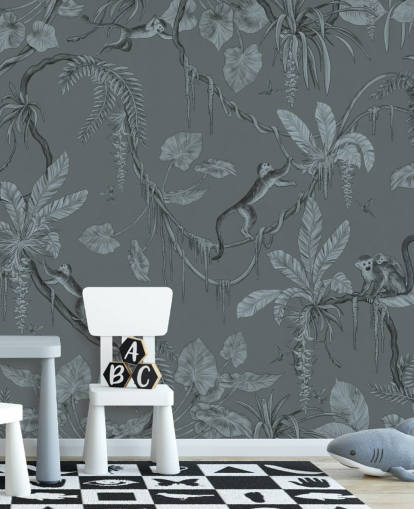 blue custom nursery wall mural called Playful Monkeys - Monochrome Blue by Kikki Belle