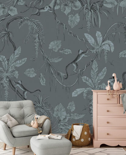 murale blu personalizzato per la cameretta dei bambini chiamato Playful Monkeys - Monochrome Blue by Kikki Belle