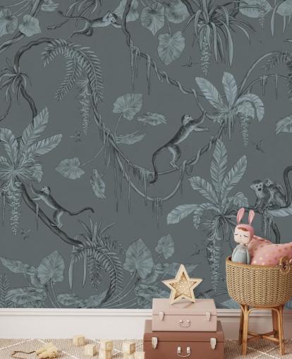 Blaues individuelles Kinderzimmer-Wandbild namens Playful Monkeys - Monochrome Blue von Kikki Belle Blaues individuelles Kinderzimmer-Wandbild namens Playful Monkeys - Monochrome Blue von Kikki Belle