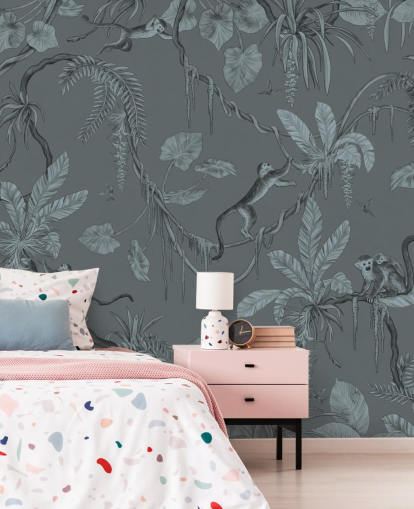 mural de parede de berçário personalizado azul chamado Playful Monkeys - Monochrome Blue de Kikki Belle