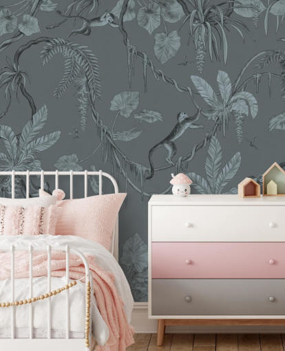 mural de parede de berçário personalizado azul chamado Playful Monkeys - Monochrome Blue de Kikki Belle mural de parede de berçário personalizado azul chamado Playful Monkeys - Monochrome Blue de Kikki Belle