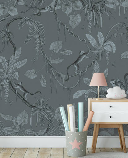 mural de parede de berçário personalizado azul chamado Playful Monkeys - Monochrome Blue de Kikki Belle mural de parede de berçário personalizado azul chamado Playful Monkeys - Monochrome Blue de Kikki Belle