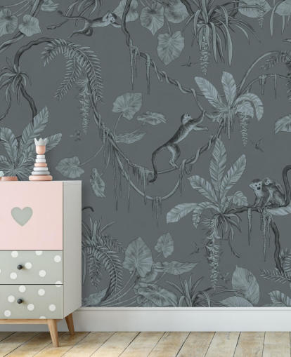 blauwe op maat gemaakte muurschildering voor de kinderkamer genaamd Playful Monkeys - Monochrome Blue van Kikki Belle