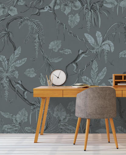 blue custom nursery wall mural called Playful Monkeys - Monochrome Blue by Kikki Belle blue custom nursery wall mural called Playful Monkeys - Monochrome Blue by Kikki Belle