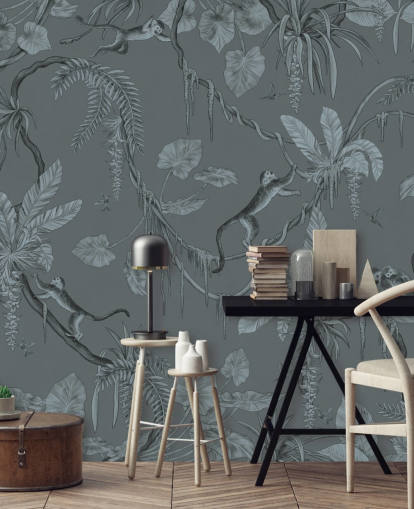 blue custom nursery wall mural called Playful Monkeys - Monochrome Blue by Kikki Belle