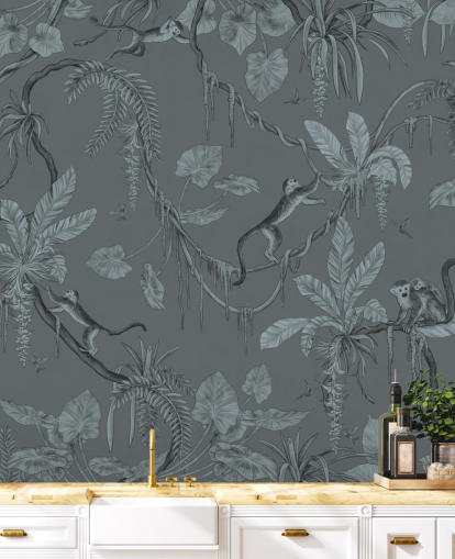 blue custom nursery wall mural called Playful Monkeys - Monochrome Blue by Kikki Belle