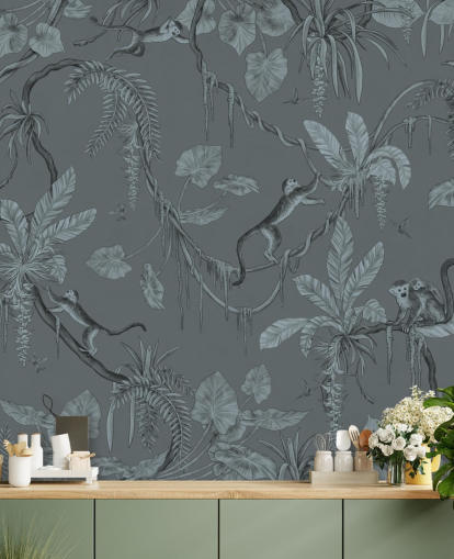 blue custom nursery wall mural called Playful Monkeys - Monochrome Blue by Kikki Belle