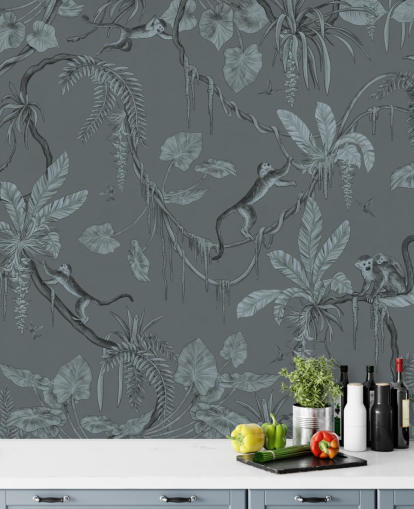 blue custom nursery wall mural called Playful Monkeys - Monochrome Blue by Kikki Belle