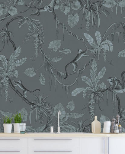 blue custom nursery wall mural called Playful Monkeys - Monochrome Blue by Kikki Belle