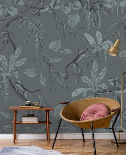 blue custom nursery wall mural called Playful Monkeys - Monochrome Blue by Kikki Belle