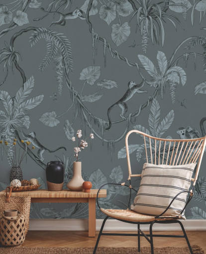 blue custom nursery wall mural called Playful Monkeys - Monochrome Blue by Kikki Belle