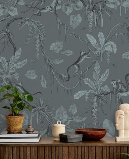 blue custom nursery wall mural called Playful Monkeys - Monochrome Blue by Kikki Belle