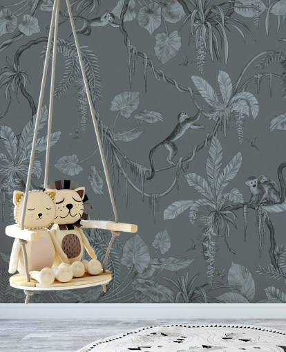 blå tilpasset barnehage veggmaleri kalt Playful Monkeys - Monochrome Blue av Kikki Belle