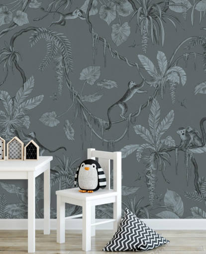 blue custom nursery wall mural called Playful Monkeys - Monochrome Blue by Kikki Belle