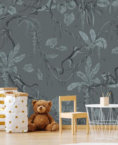 blauwe op maat gemaakte muurschildering voor de kinderkamer genaamd Playful Monkeys - Monochrome Blue van Kikki Belle