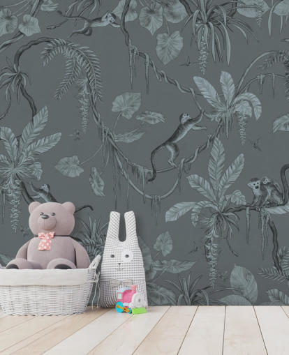 blue custom nursery wall mural called Playful Monkeys - Monochrome Blue by Kikki Belle