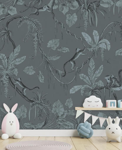 Blaues individuelles Kinderzimmer-Wandbild namens Playful Monkeys - Monochrome Blue von Kikki Belle