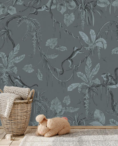 Blaues individuelles Kinderzimmer-Wandbild namens Playful Monkeys - Monochrome Blue von Kikki Belle